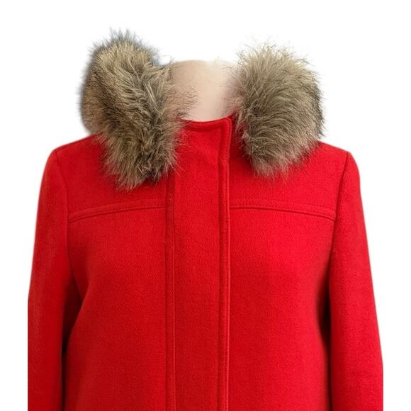 J. Crew Red Wool Blend Long Red Patka Coat Fur Hood Sz 8 Winter Statement chic - Picture 5 of 8